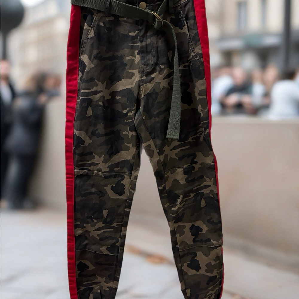 Fashion Nova Men's Camouflage Cargo Pants with Red Side Stripe